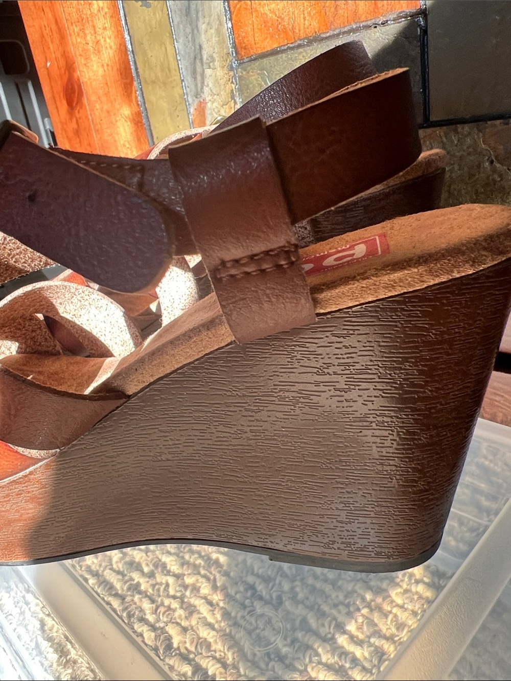 POP Canyon Wedge Brown Leather-Look Crossover Strap Sandals - Picture 3 of 8